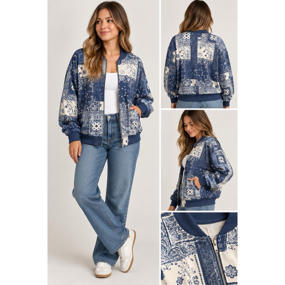 Fabletics Womens M Bandana Paisley Bomber Jacket Blue Cream Zip Up Boho